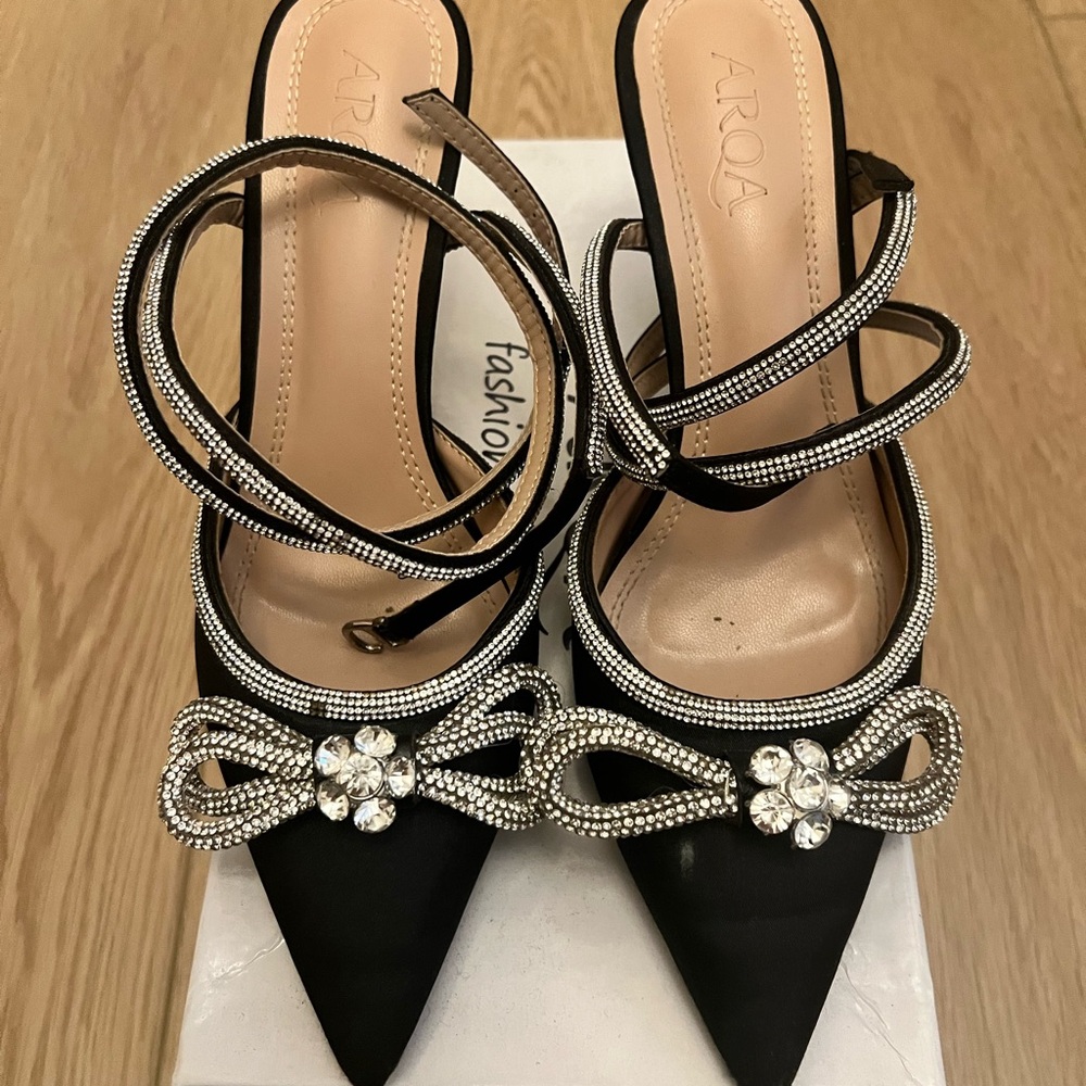 Black Satin Pointed Toe Crystal Bow Heels